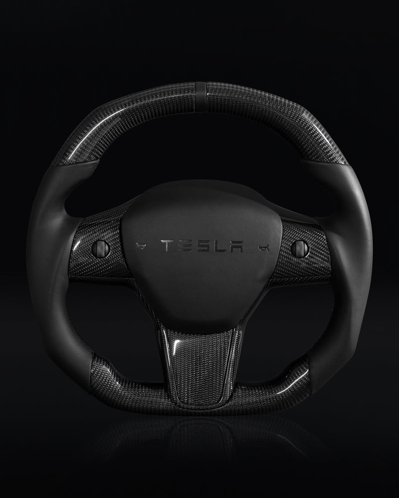 TESLA MODEL 3 / Y BLACK LEATHER FLAT BOTTOM VANTABLACK GLOSS CARBON STEERING WHEEL