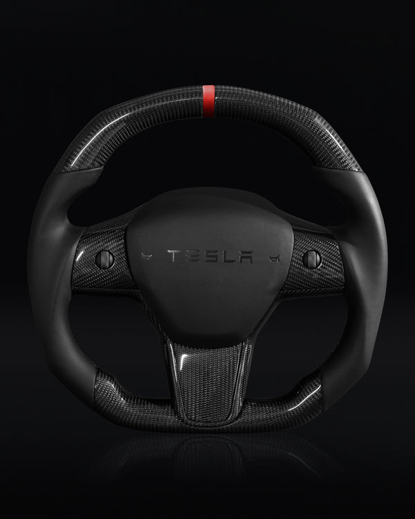 TESLA MODEL 3 / Y LEATHER FLAT BOTTOM SUPERNOVA GLOSS CARBON STEERING WHEEL