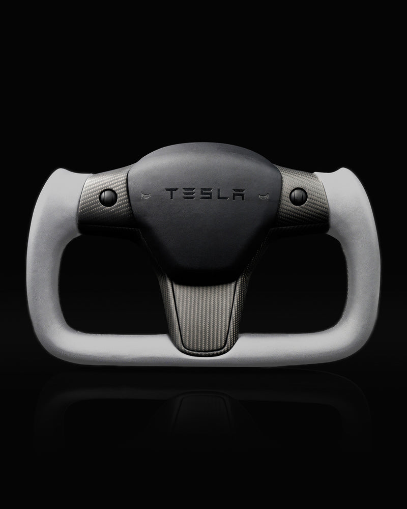 TESLA MODEL 3 / Y WHITE LEATHER GLOSS CARBON PLAID STYLE YOKE STEERING WHEEL