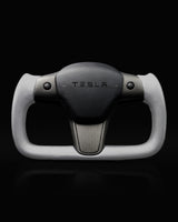 TESLA MODEL 3 / Y WHITE LEATHER GLOSS CARBON PLAID STYLE YOKE STEERING WHEEL