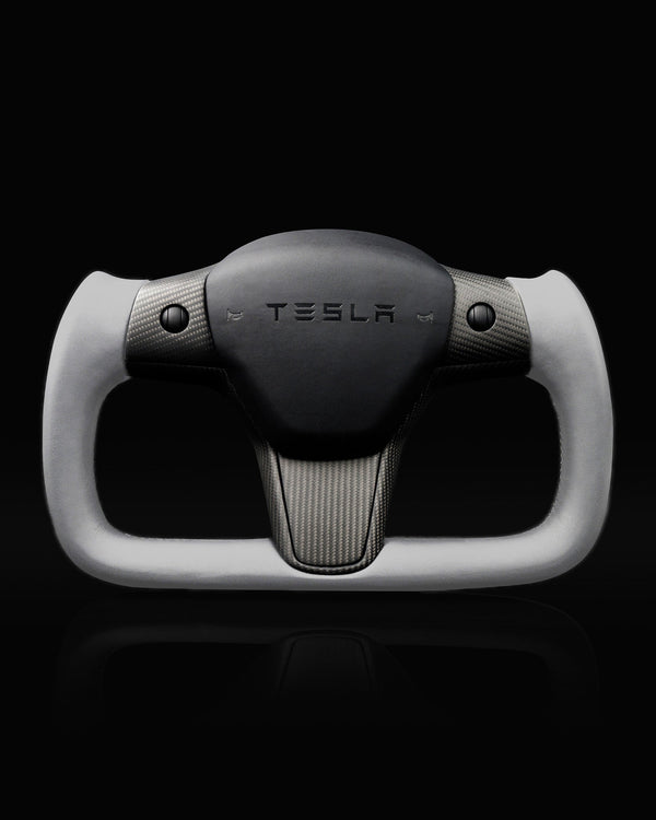 TESLA MODEL 3 / Y WHITE LEATHER GLOSS CARBON PLAID STYLE YOKE STEERING WHEEL