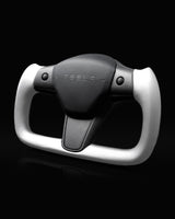 TESLA MODEL 3 / Y WHITE LEATHER GLOSS CARBON PLAID STYLE YOKE STEERING WHEEL