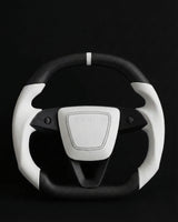 TESLA MODEL 3 HIGHLAND / MODEL Y JUNIPER 2024+ WHITE LEATHER FLAT BOTTOM STORMTROOPER DRY MATTE CARBON STEERING WHEEL