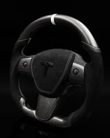 TESLA MODEL 3 / Y BLACK ALCANTARA PCH MIDNIGHT WHITE ACCENTS GLOSS CARBON STEERING WHEEL