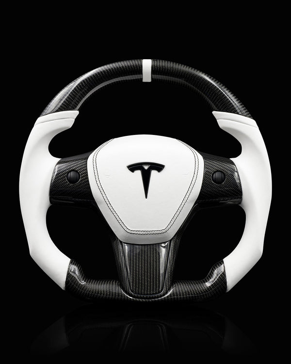 TESLA MODEL 3 / Y PCH WHITE LEATHER GLOSS CARBON STEERING WHEEL