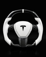 TESLA MODEL 3 / Y WHITE LEATHER FLAT BOTTOM STORMTROOPER GLOSS CARBON STEERING WHEEL