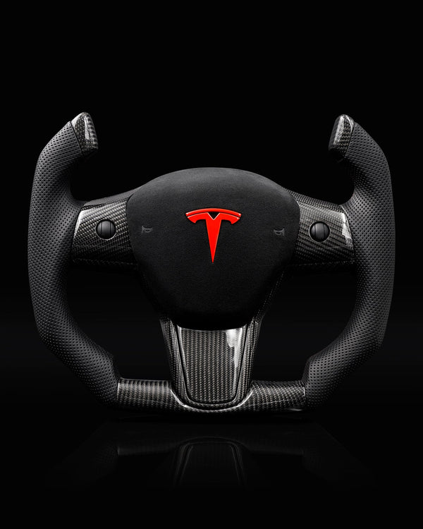 TESLA MODEL 3 / Y PERFORATED LEATHER KNIGHT RIDER GLOSS CARBON STEERING WHEEL