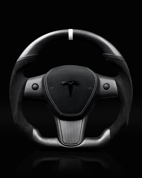 TESLA MODEL 3 / Y BLACK ALCANTARA PCH MIDNIGHT WHITE ACCENTS DRY CARBON STEERING WHEEL