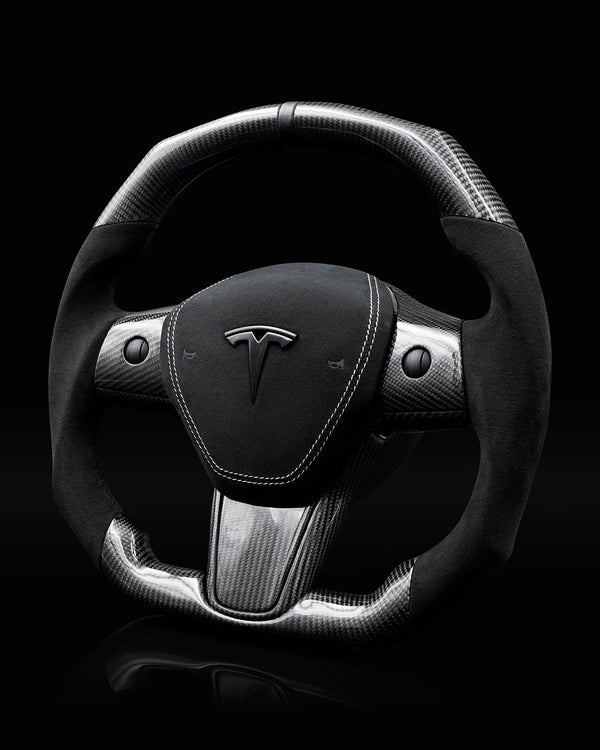 TESLA MODEL 3 / Y ALCANTARA FLAT BOTTOM VANTABLACK GLOSS CARBON STEERING WHEEL