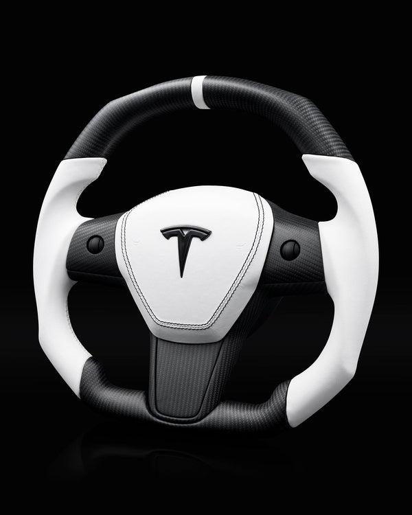 TESLA MODEL 3 / Y WHITE LEATHER FLAT BOTTOM STORMTROOPER DRY CARBON STEERING WHEEL