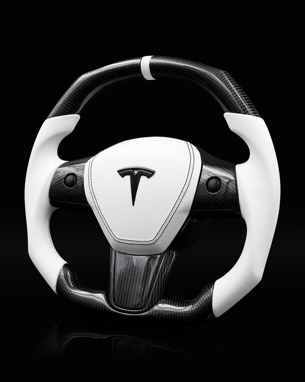 TESLA MODEL 3 / Y WHITE LEATHER FLAT BOTTOM STORMTROOPER GLOSS CARBON STEERING WHEEL