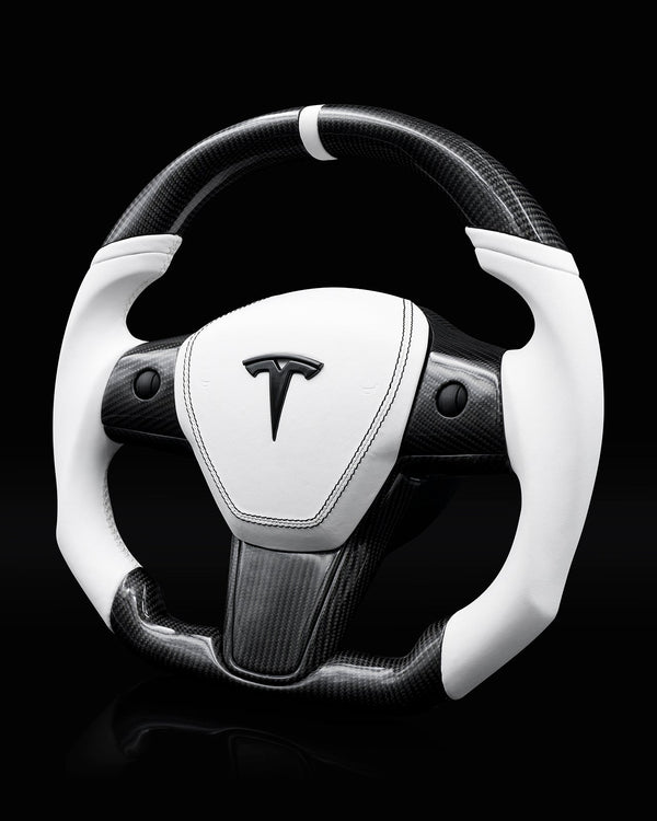 TESLA MODEL 3 / Y PCH WHITE LEATHER GLOSS CARBON STEERING WHEEL