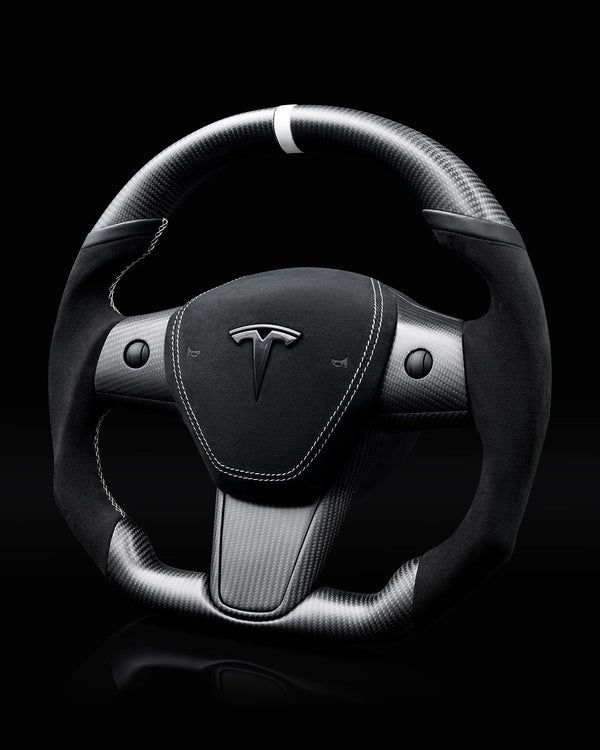 TESLA MODEL 3 / Y BLACK ALCANTARA PCH MIDNIGHT WHITE ACCENTS DRY CARBON STEERING WHEEL