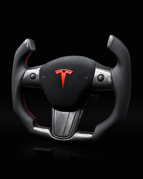 TESLA MODEL 3 / Y PERFORATED LEATHER KNIGHT RIDER GLOSS CARBON STEERING WHEEL