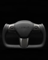 TESLA MODEL 3 / Y BLACK LEATHER GLOSS CARBON PLAID STYLE YOKE STEERING WHEEL