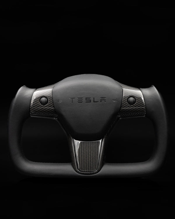 TESLA MODEL 3 / Y BLACK LEATHER GLOSS CARBON PLAID STYLE YOKE STEERING WHEEL