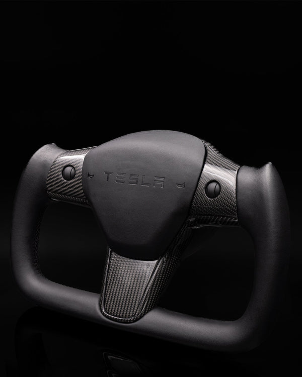 TESLA MODEL 3 / Y BLACK LEATHER GLOSS CARBON PLAID STYLE YOKE STEERING WHEEL