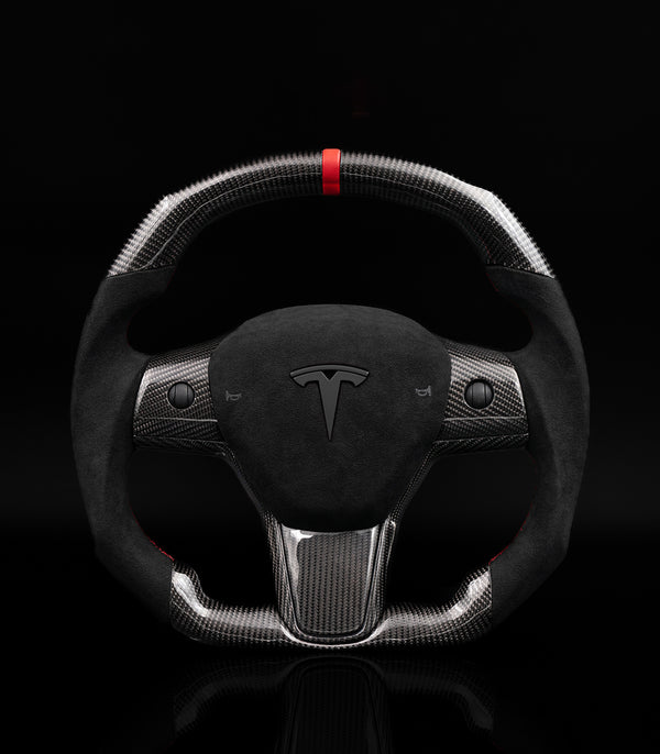 TESLA MODEL 3 / Y ALCANTARA FLAT BOTTOM SUPERNOVA GLOSS CARBON STEERING WHEEL